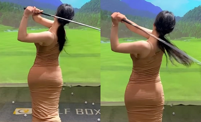 Thay vì mặc trang phục chơi golf thường thấy, cô chọn diện bodycon.