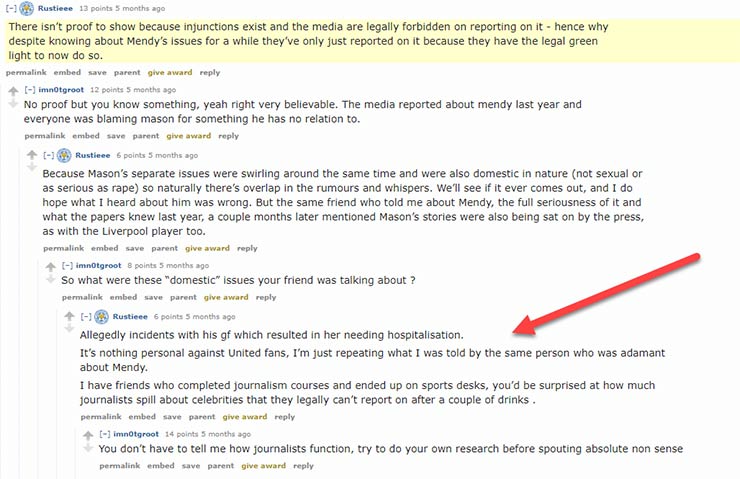Một tài khoản trên Reddit khẳng định Greenwood đánh bạn gái cũ, nhưng thông tin bị cấm đưa lên báo chí (dòng bình luận từ cách đây 5 tháng trước, trong lúc Benjamin Mendy chính thức bị khởi tố)