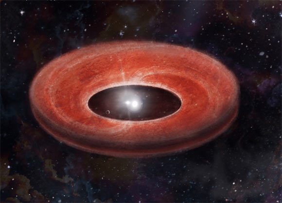 Ảnh đồ họa mô tả về đĩa tiền hành tinh thế hệ thứ 2 quanh một hệ sao đôi mà 1 trong 2 đã trở thành "thây ma" - Ảnh: N. Stecki
