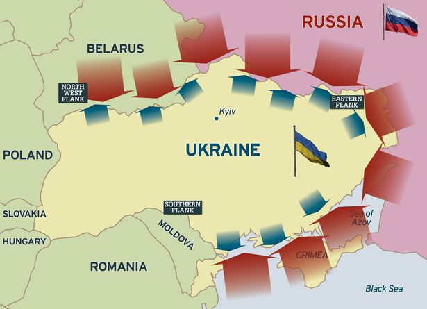 Bản đồ lực lượng quân sự Nga bố trí xung quanh Ukraine của The Sun (ảnh: The Sun)