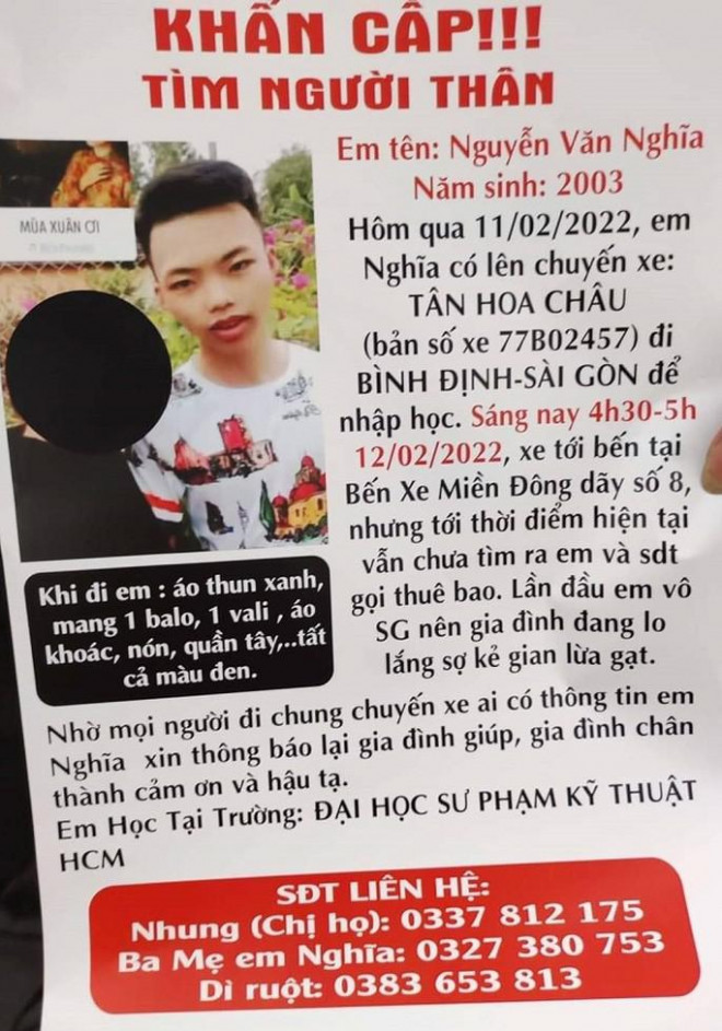 Nghĩa mất tích khi vào TP.HCM nhập học