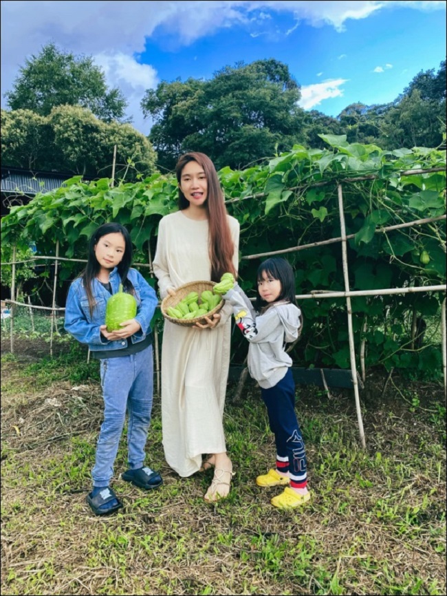 Trong thời gian lên Đà Lạt ở, Minh Hà – bà xã Lý Hải, tự tay chăm sóc rau củ trong vườn làm thực phẩm sạch cho gia đình.
