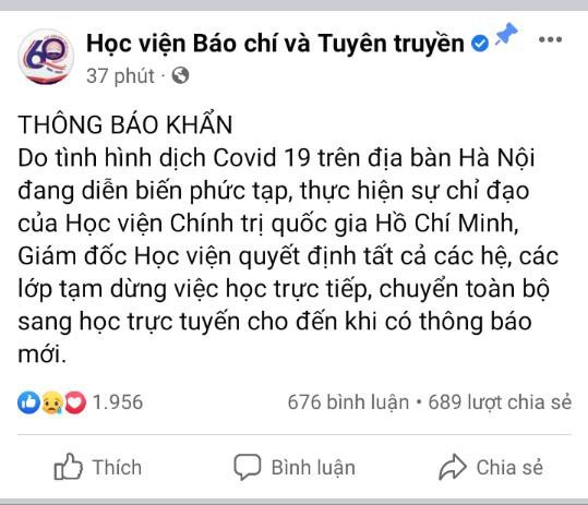 Thông báo về việc hoãn lịch học trực tiếp được đăng tải trên fanpage của Học viện Báo chí và Tuyên truyền. Nguồn: Internet.