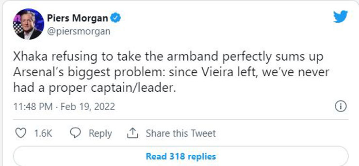 Nhà báo uy tín&nbsp;Piers Morgan&nbsp;chỉ trích hành động kém sang của Xhaka làm tổn hại hình ảnh của "Pháo thủ"