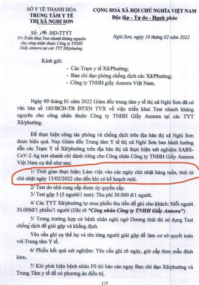 Nội dung văn bản của Trung tâm Y tế thị xã Nghi Sơn về việc yêu cầu các công nhân phải về các Trạm y tế xã, phường test nhanh