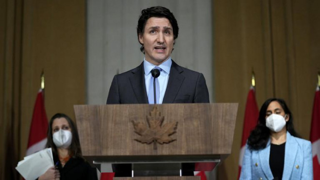 Thủ tướng Canada Justin Trudeau nói về tình hình Ukraine ngày 22-2. Ảnh: The Canadian Press