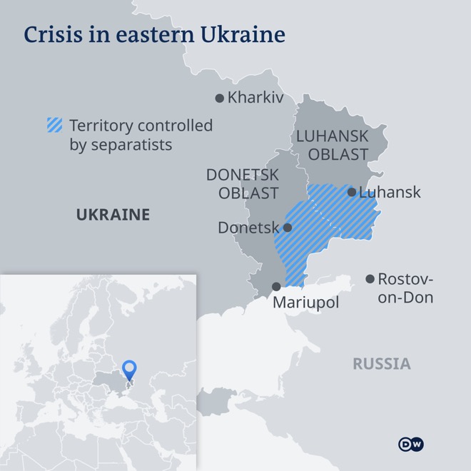 Vùng gạch chéo là địa bàn thực tế do phe ly khai kiểm soát ở miền đông Ukraine.