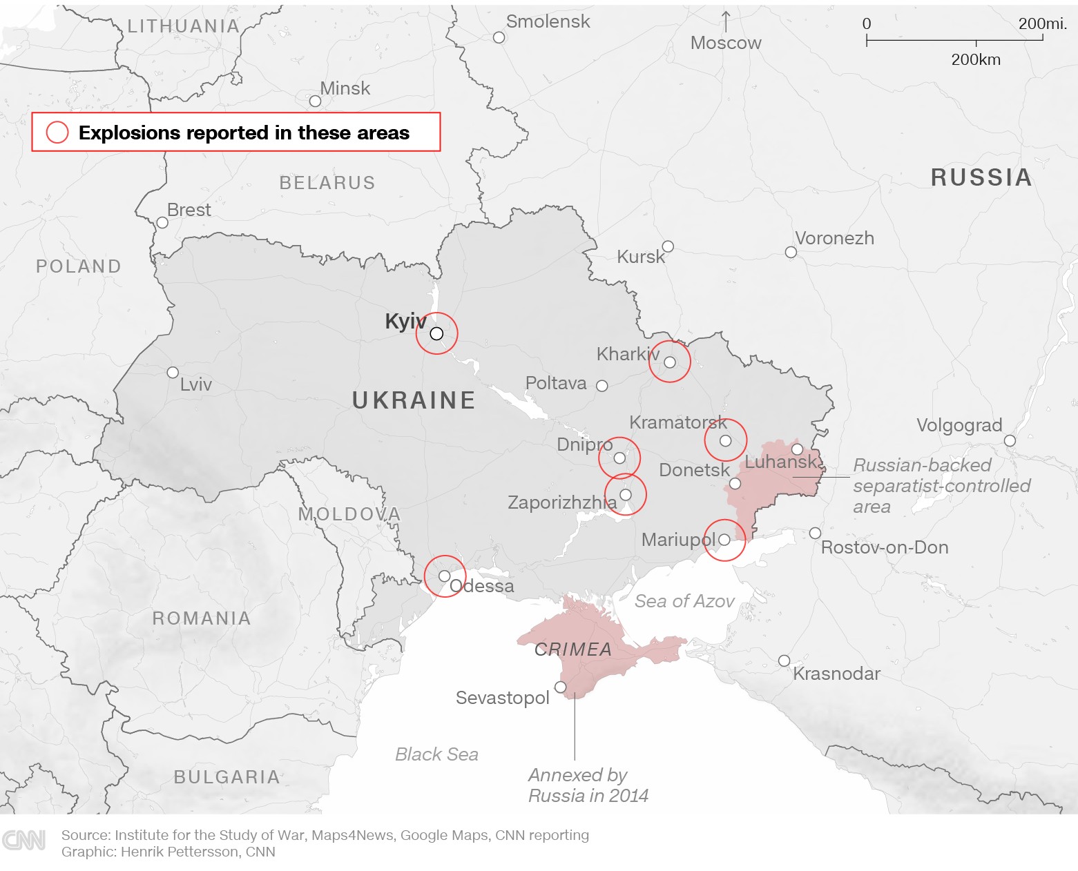 Bản đồ những khu vực ghi nhận có tiếng nổ ở Ukraine do CNN cung cấp (ảnh: CNN)