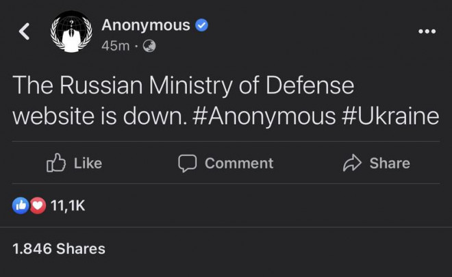 Nhóm tin tặc Anonymous tuyên bố đánh sập trang web Bộ Quốc phòng Nga. Ảnh: FACEBOOK