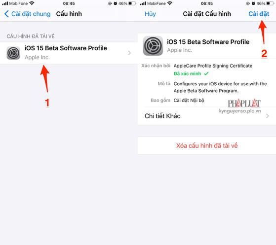 Cài đặt profile (hồ sơ) iOS 15 beta đã tải về khi nãy, đồng thời xóa hết các profile cũ. Ảnh: TIỂU MINH