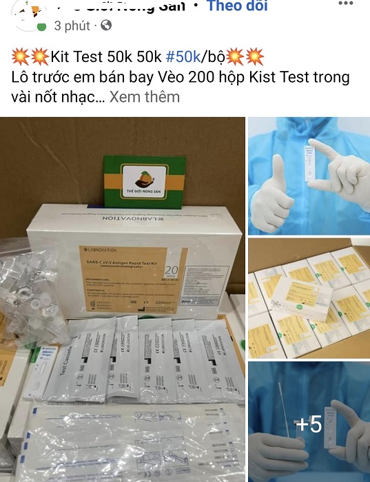 Giá kit test Covid-19 được rao bán tràn lan trên chợ mạng với giá chỉ từ 50 nghìn đồng/bộ.