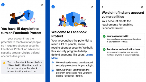 Thông báo mà người dùng Facebook liên tục nhận được thời gian gần đây với yêu cầu kích hoạt tính năng&nbsp; Facebook Protect.