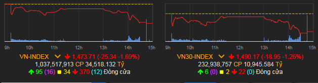 VN-Index giảm 25,34 điểm (-1,69%) xuống 1.473,71 điểm.