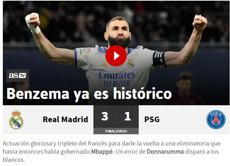 Tờ AS gọi tên Benzema ngay trên tít bài viết