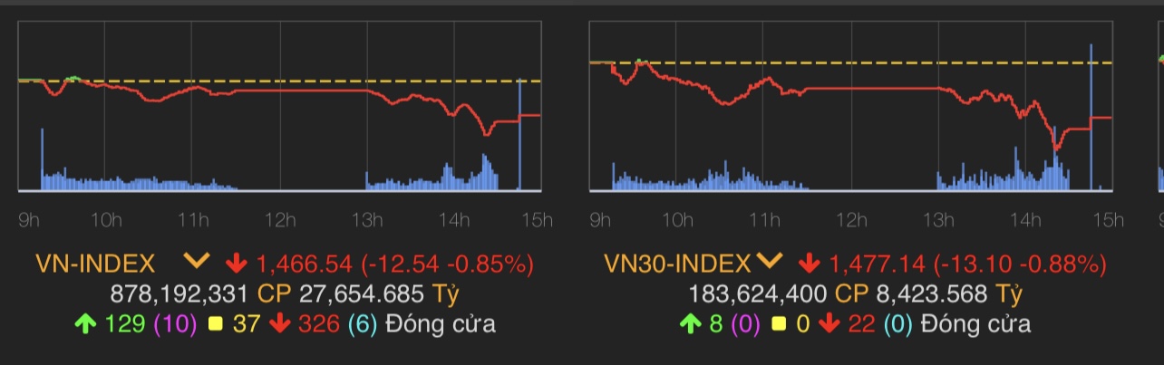 VN-Index giảm 12,54 điểm (-0,85%) xuống 1.466,54 điểm.