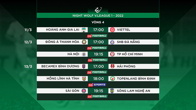 Lịch thi đấu vòng 4 Night Wolf V.League 1 - 2022