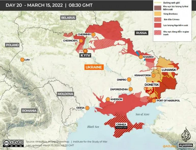 Bản đồ các khu vực kiểm soát ở Ukraine, theo thống kê của Viện Nghiên cứu Chiến tranh. Đồ họa: AlJazeera