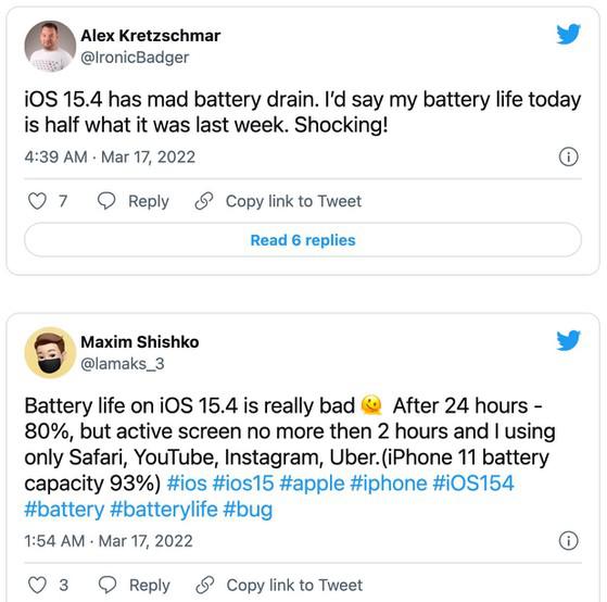 Người dùng Twitter than phiền về việc iOS 15.4 gây hao pin. Ảnh: TIỂU MINH