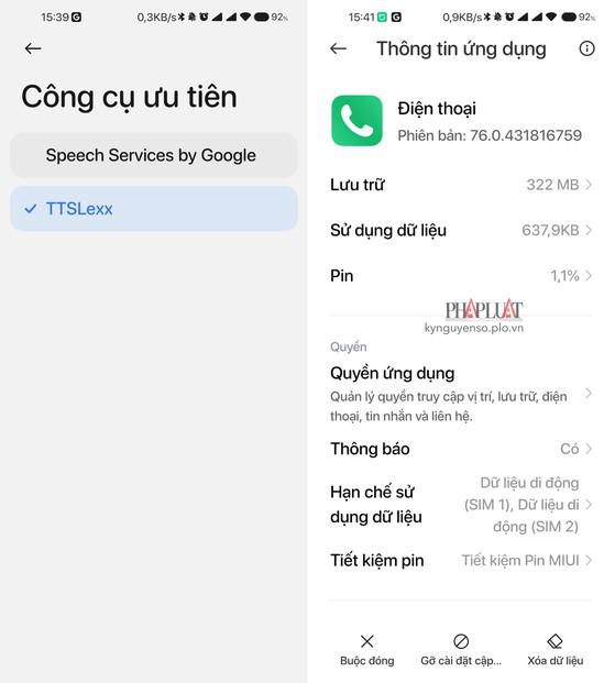 Xóa dữ liệu của ứng dụng Google Phone. Ảnh: MINH HOÀNG