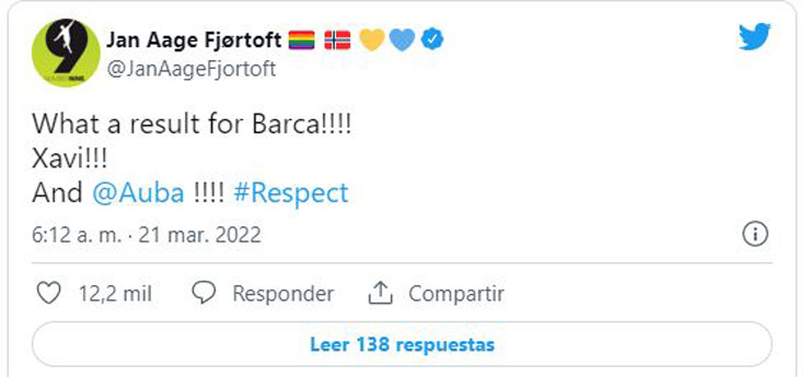 Jan Aage Fjortoft, người phát ngôn chính thức của gia đình Haaland chúc mừng Barca vừa đại thắng trên sân của Real