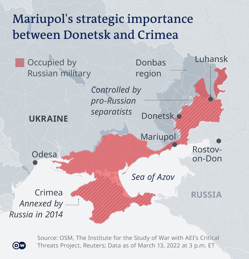 Bản đồ cho thấy tầm quan trọng chiến lược của hành lang trên bộ nối từ bán đảo Crimea tới vùng Donetsk đối với quân đội Nga (ảnh: DW)