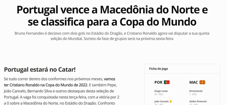 Báo Brazil&nbsp;Globo Esporte háo hức khi dàn sao của Bồ Đào Nha sẽ được dự World Cup cuối năm nay tại Qatar&nbsp;thay vì phải ở nhà