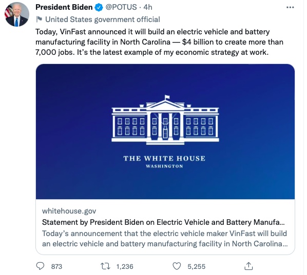 Bài đăng của tài khoản chính thức của Tổng thống Mỹ Joe Biden trên Twitter.