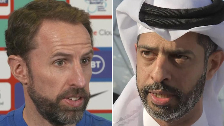 Giám đốc điều hành World Cup 2022 Nasser Al Khater (phải) lên tiếng chỉ trích HLV ĐT Anh Gareth Southgate&nbsp;