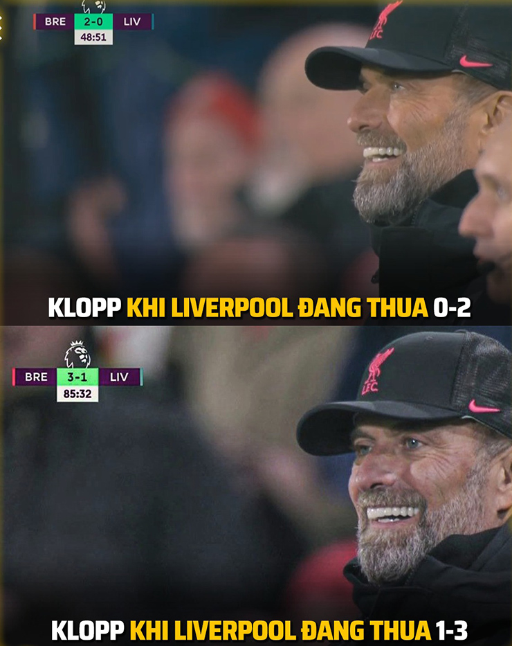 Nụ cười bất lực của HLV Klopp khi nhìn Liverpool thua bạc nhược.