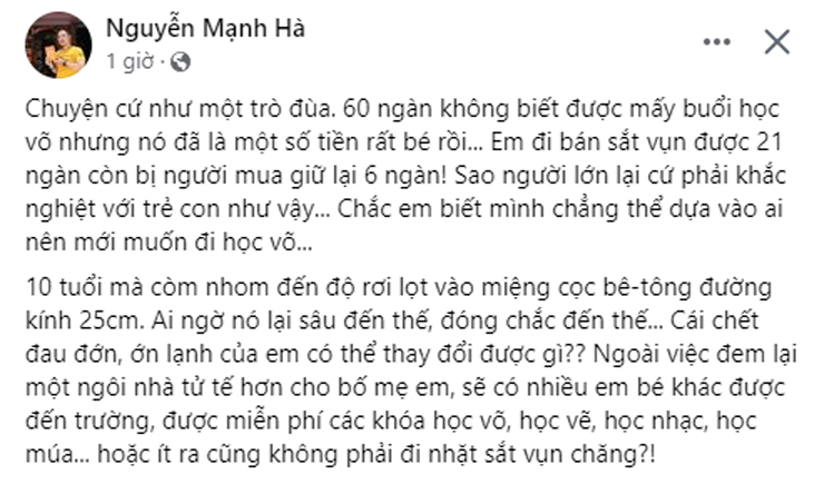 Nhà báo, ca sĩ Mạnh Hà xót xa trước hoàn cảnh của cậu bé 10 tuổi