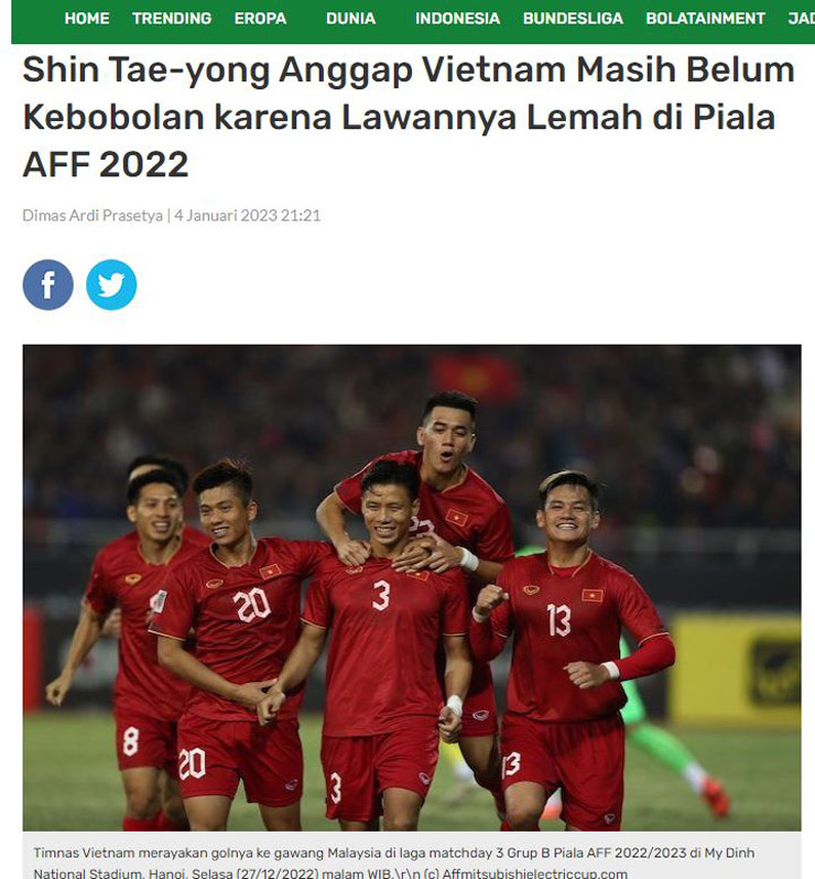 HLV Shin Tae Yong phát biểu trước báo giới cho rằng ĐT Việt Nam chưa thủng lưới ở AFF Cup 2022 là do chưa gặp phải đối thủ mạnh như Indonesia