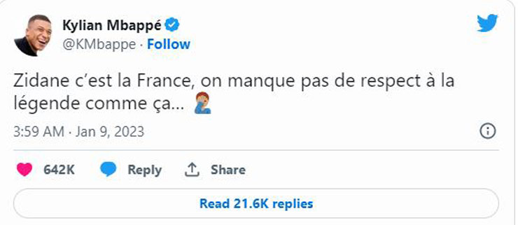 Dòng tweet phản pháo của Mbappe hướng đến ông Le Graet để bênh vực Zidane