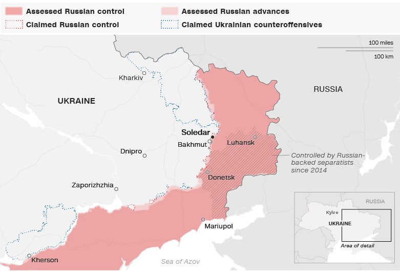 Thành phố Soledar trên bản đồ (ảnh: CNN)