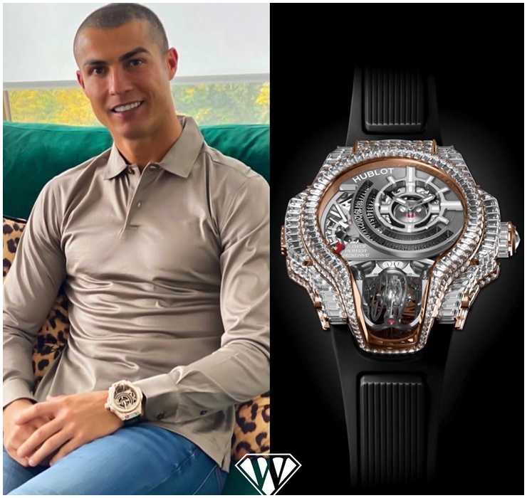 Ngôi sao bóng đá sở hữu chiếc Hublot Masterpiece MP-09 có kích thước khá lớn nhưng trọng lượng lại rất nhẹ, được đính đầy vàng và kim cương. Theo Superwatchman, nó có giá khoảng 1 triệu USD.
