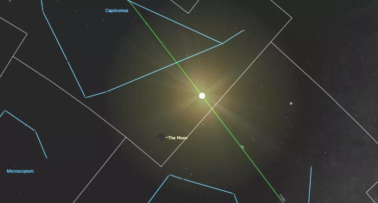 Ảnh đồ họa mô tả bầu trời rạng sáng 22-1 với siêu trăng non màu đen - Ảnh: Starry Night Software
