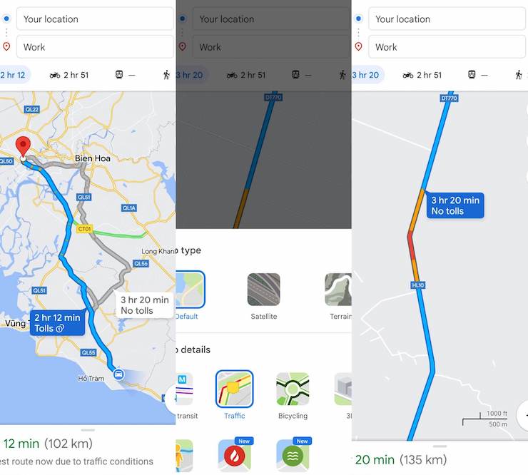 Xem thông tin về tình trạng giao thông bằng tính năng "Traffic" của Google Maps.