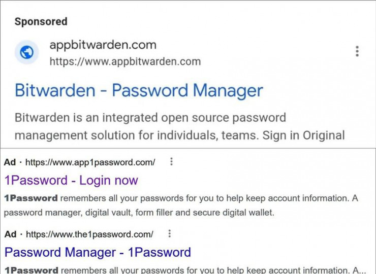 Các quảng cáo giả mạo trình quản lý mật khẩu. Ảnh: BleepingComputer
