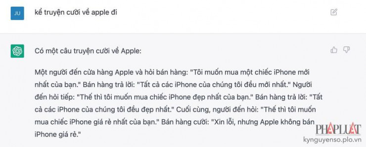 Yêu cầu ChatGPT kể truyện cười về Apple. Ảnh: MINH HOÀNG