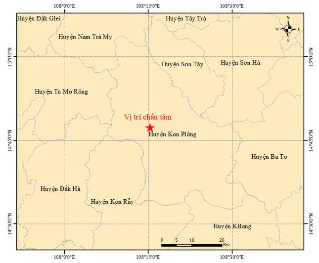 Vị trí xảy ra động đất chiều nay ở Kon Tum. Nguồn: Trung tâm Báo tin động đất và cảnh báo sóng thần.