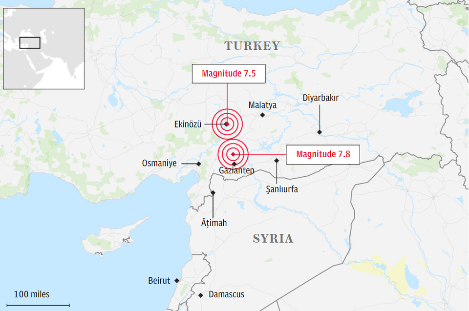 Vị trí&nbsp;2 trận động đất xảy ra ở Thổ Nhĩ hôm 6/2 (ảnh: CNN)