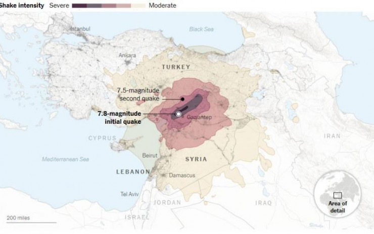 Vị trí hai trận động đất đầu tiên xảy ra ngày 6/2 ở Thổ Nhĩ Kỳ, gần biên giới Syria. Ảnh: NYTimes