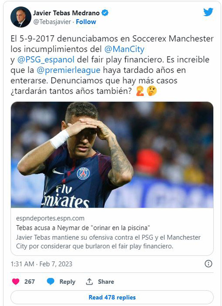 Chủ tịch La Liga Javier Tebas mỉa mai Man City và PSG trên Twitter