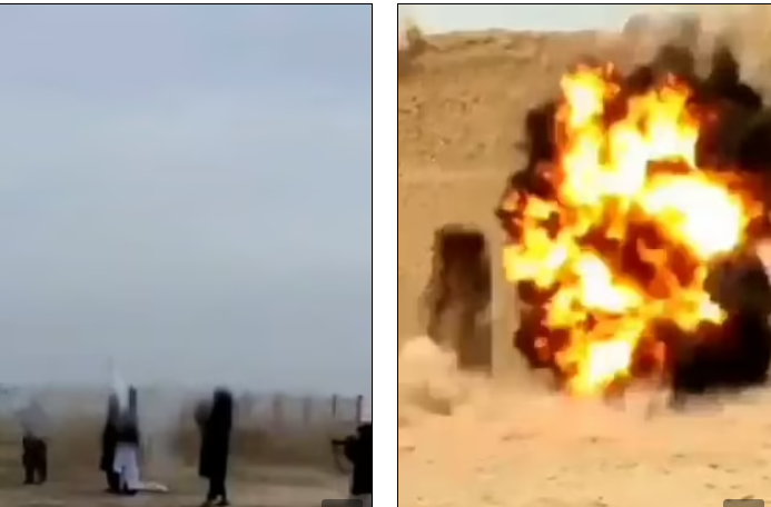 Một số&nbsp;tay súng Taliban (trái) và lá cờ bị bắn cháy (phải) (Hình ảnh cắt từ video)