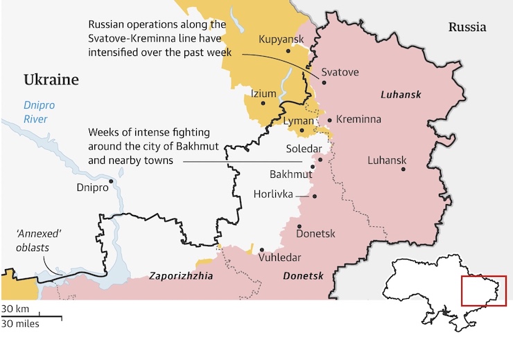 Vùng màu vàng là các khu vực Ukraine giành lại trong đợt phản công hồi tháng 9/2022.