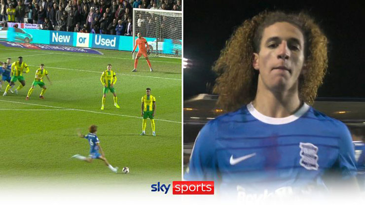 Hannibal Mejbri, tiền vệ trẻ MU cho Birmingham City mượn vừa lập siêu phẩm đá phạt vào lưới West Brom