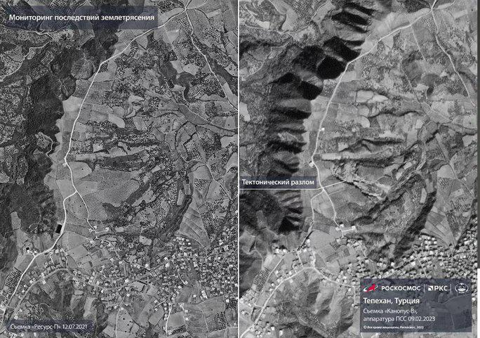 Đứt gãy kiến tạo nhìn từ tàu vũ trụ kiêm vệ tinh Kanopus-B của Nga, với ảnh bên trái là trước thảm họa, ảnh phải là sau thảm họa - Ảnh: ROSCOSMOS