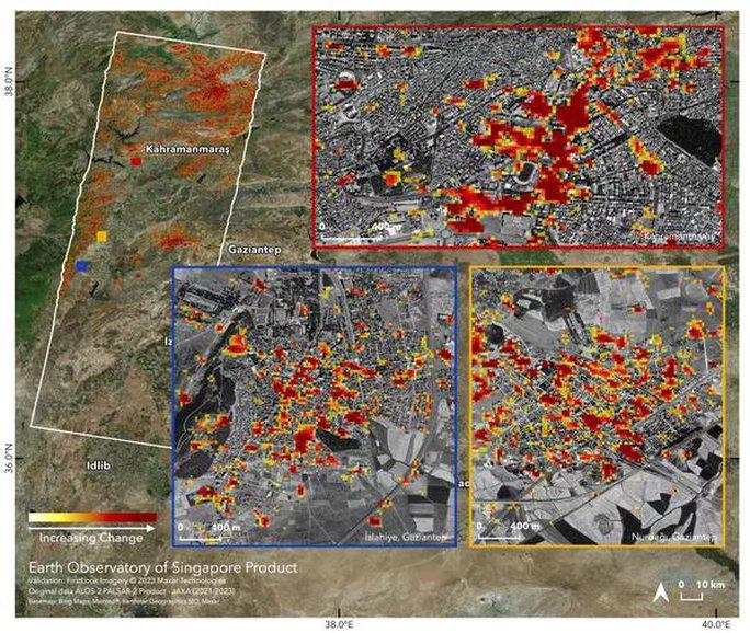 Một bản đồ thiệt hại khác ở Turkoglu, Kahramanmaras và Nurdagi - Ảnh: JAXA/Phòng thí nghiệm viễn thám Singapore