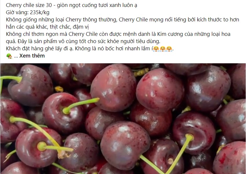 Cherry được rao bán giá chỉ hơn 200 nghìn đồng/kg. Ảnh chụp màn hình.