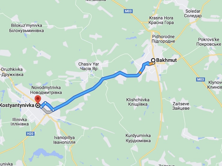 Kostyantynivka là thành phố nằm gần Bakhmut, cách khoảng 26km.