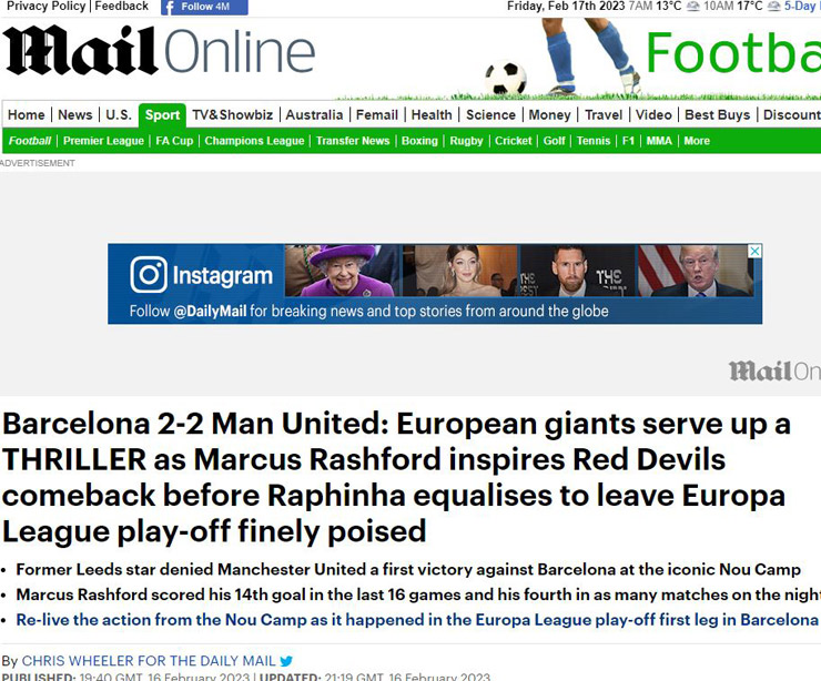 Tờ Daily Mail ca ngợi Barca và MU đã tạo nên một trận đấu giật gân&nbsp;